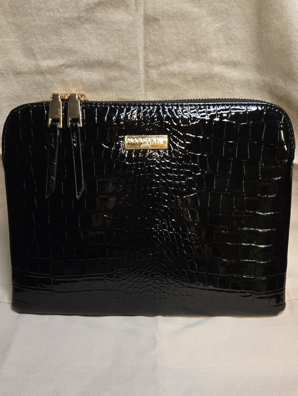Marciano Black Croc Embossed Patent Handbag Double Zip